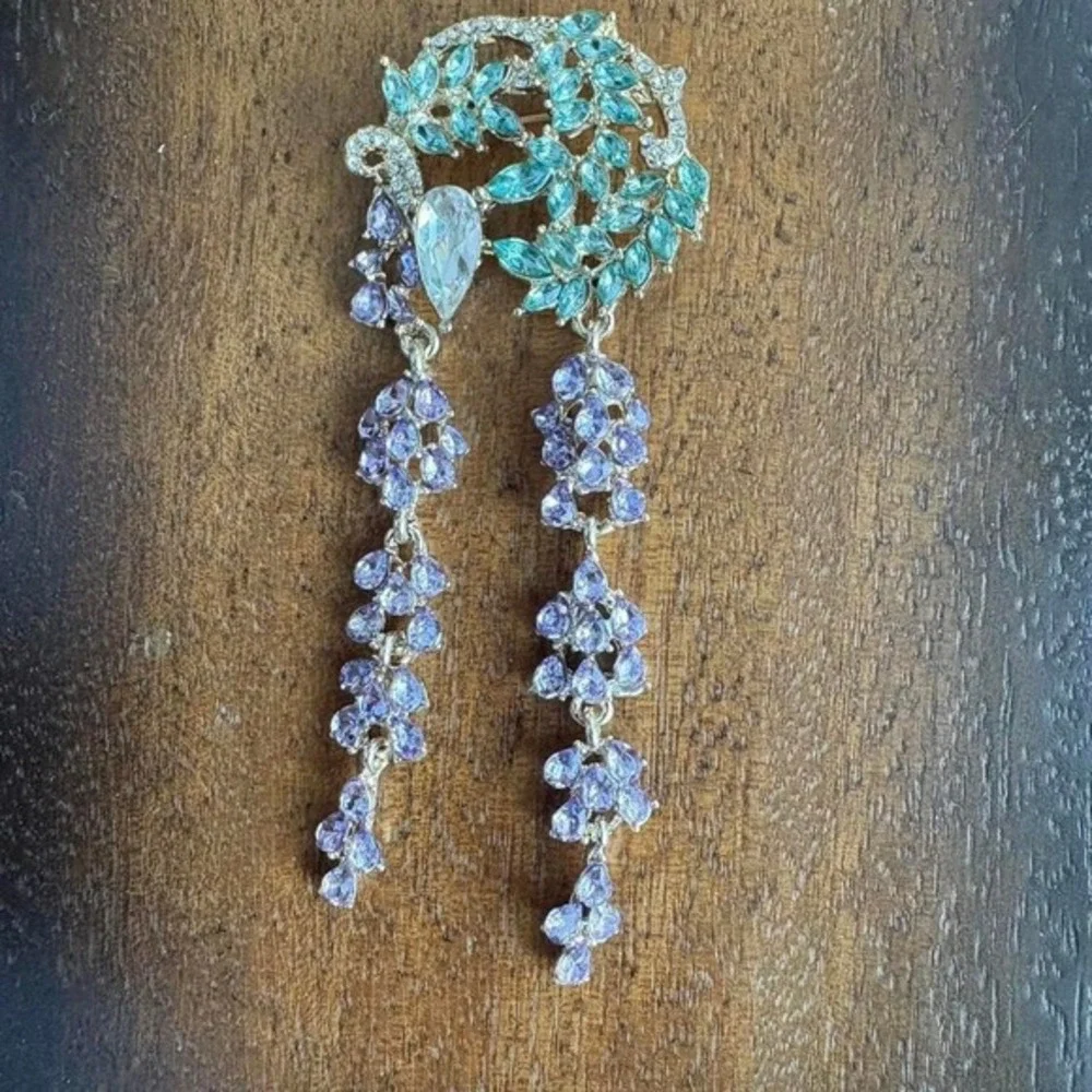 Moonlit Wisteria Purple Crystal Brooch Cascading Vine Pin 3in Elegant‎ Floral